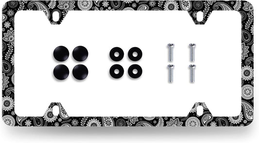 Black and White Paisley License Plate Frame Boho License Plate Holder Stainless Steel Funny Design with 4 Holes and Screws 12.3" x 6.3"