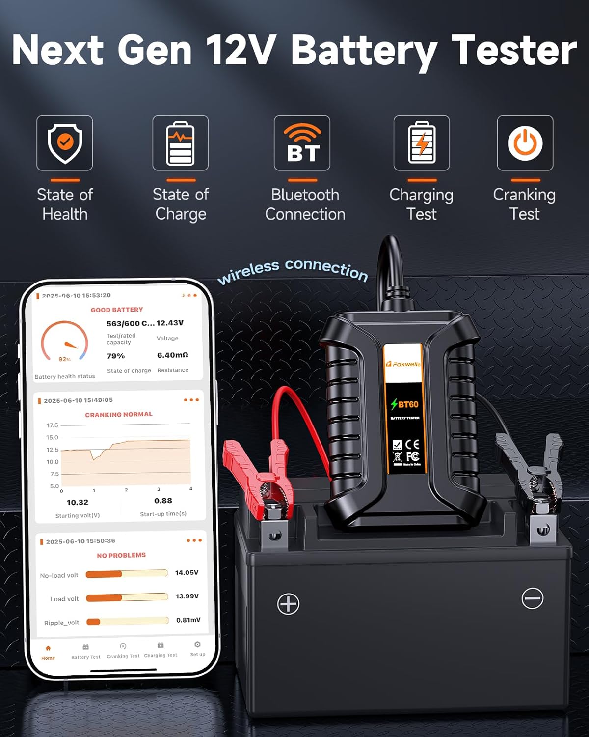 FOXWELL BT60 Car Battery Tester, 12V Bluetooth Battery Load Analyzer via App, 100-2000CCA Automotive Alternator Tester, Cranking Charging System Checker for Car Marine RV Motorcycle Truck ATV
