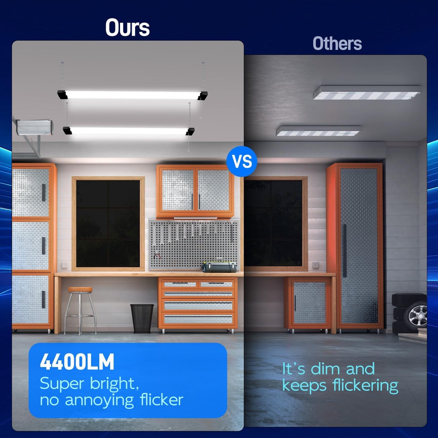 hykolity 4 Pack 4FT LED Shop Light, Linkable Utility Shop Lights, 42W, 5000K Daylight White Shop Light for Garages, Workshops,Hanging or FlushMount, Power Cord with Pull Chain Switch, Balck, ETL