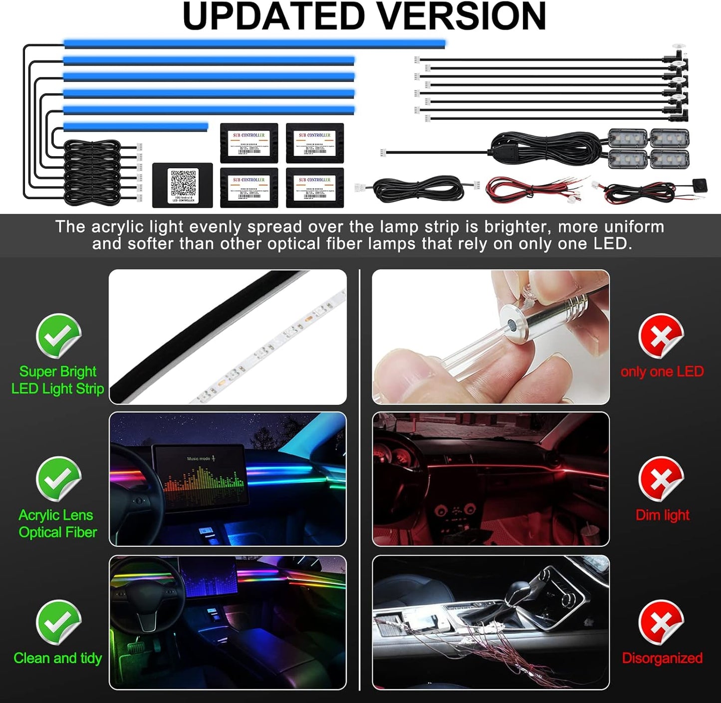 Acrylic Interior Car LED Strip Light with Wireless APP, RGB 18 in 1 with 175 inches 593 LEDs Fiber Optic Ambient Lighting Kits, 16 Million Colors Sound Active Function Car Neon Lights