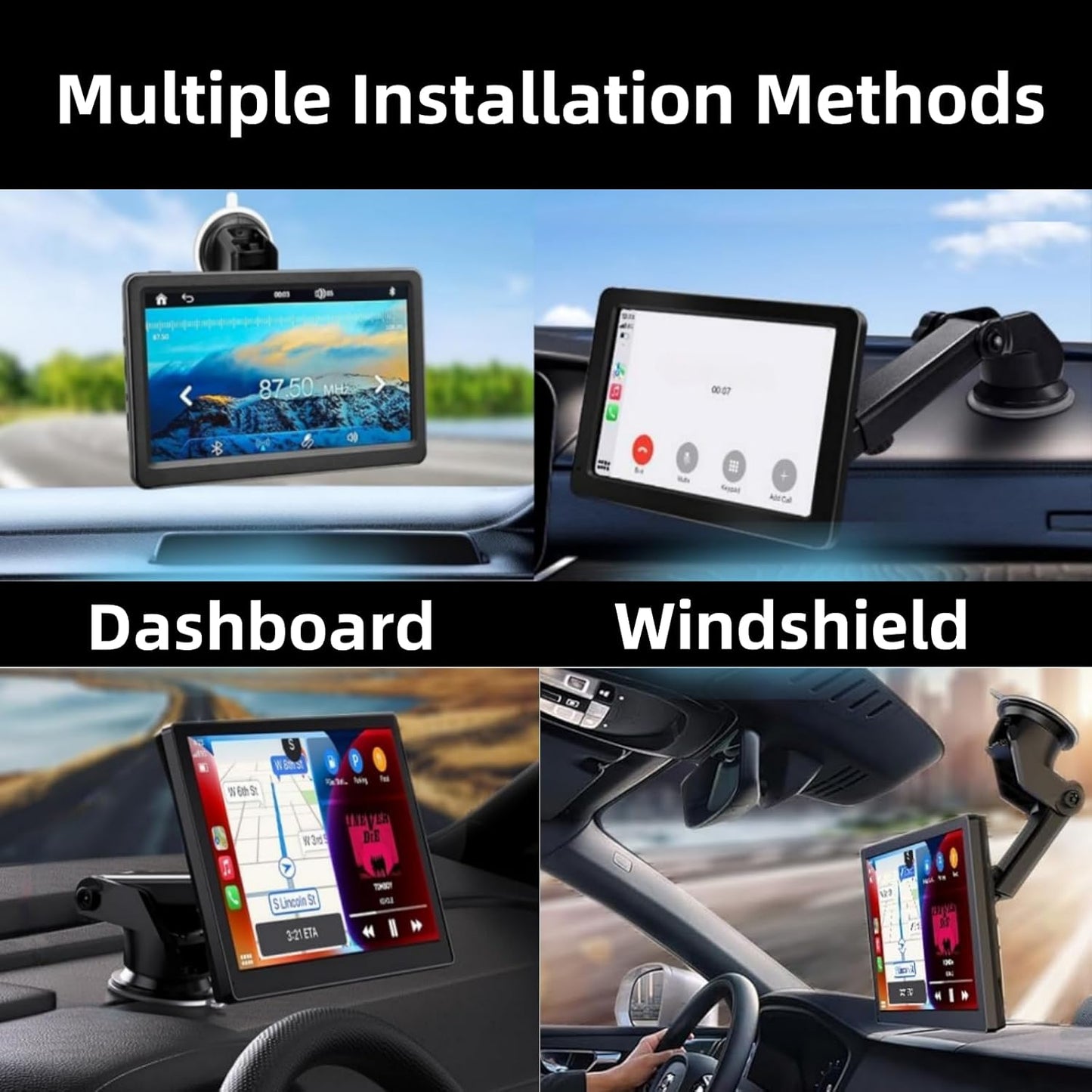 Carplay Mount, 360° Flexible Windshield Dashboard Suction Cup Bracket for 7" 9" 10.26" Inch Carplay Screen Android Auto Car Monitor GPS Mount Phone Holder