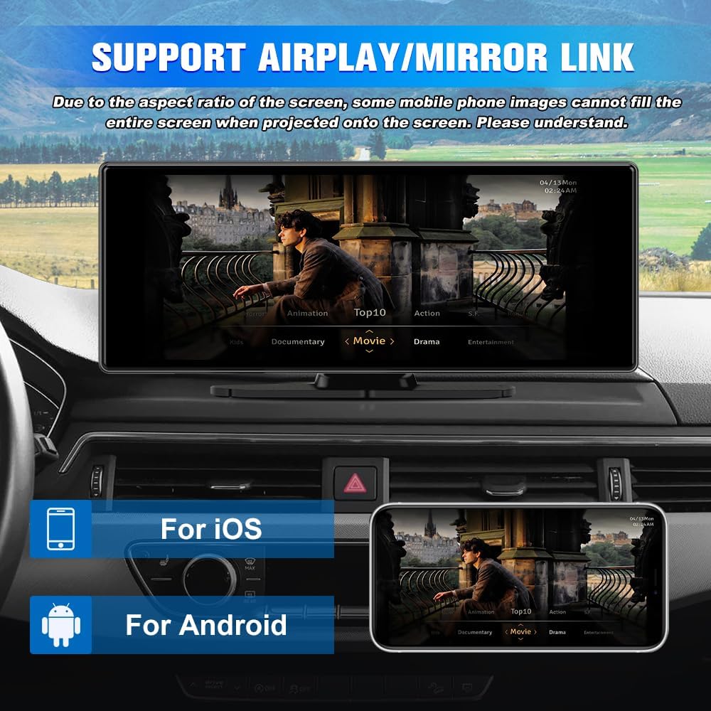 Portable Wireless CarPlay Screen for Car with 4K Dash Cam and 1080P Backup Camera, Car Stereo with 10.26”IPS Touch Screen, Support Carplay/Android Auto/GPS/Bluetooth/Mirror Link/AirPlay