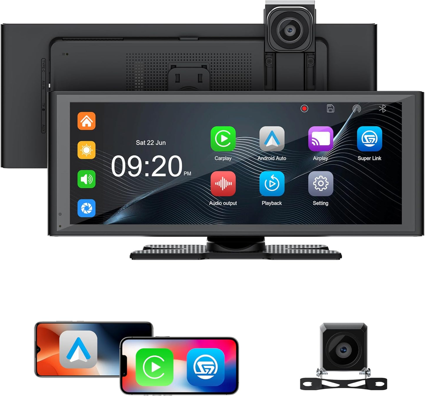 Portable Carplay Screen for Car, 10.26" Wireless Apple Carplay & Android Auto with 4K Dash Cam,1080p Backup Camera,Car Audio Receivers, GPS Navigation, SuperLink, Bluetooth,FM, Music Player