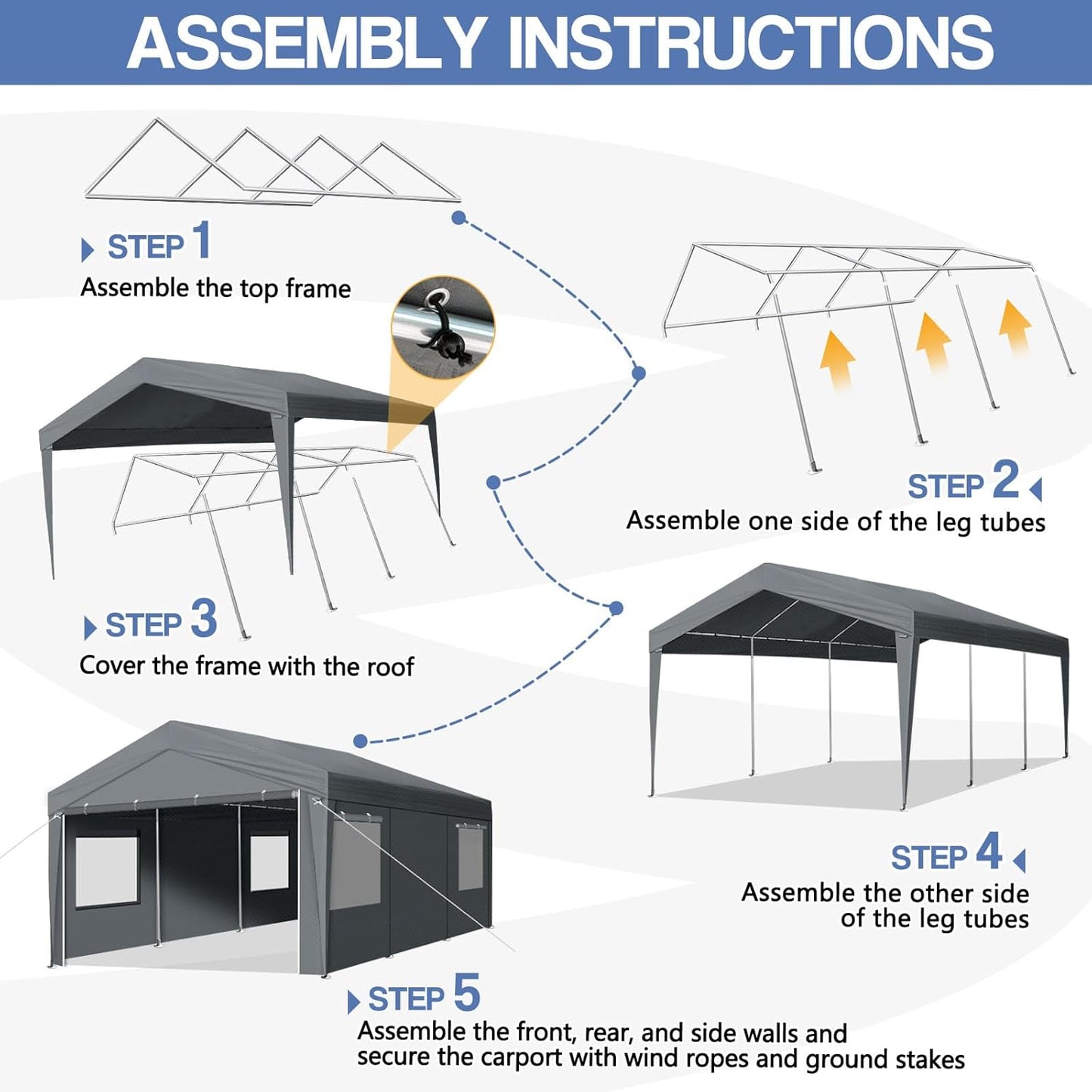 VINGLI 12x20 Carport Canopy Portable Garage with Roll-up Windows & Removable Sidewalls, Car Canopy Heavy Duty Car Tent for SUV, Boats, RVs, Trucks (with Sidewalls)