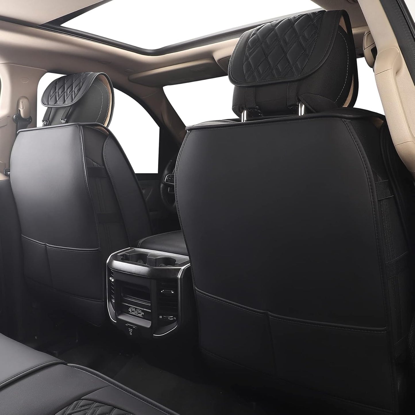 JOJOBAY Car Seat Covers for Dodge Ram Full Set,Fit Ram 2009-2025 1500/2500/3500 Pick-up Truck,Crew,Regular,Quad,Mega Cab,Waterproof Leather Seat Covers Protectors（5 PCS Full Set,Black/Red）