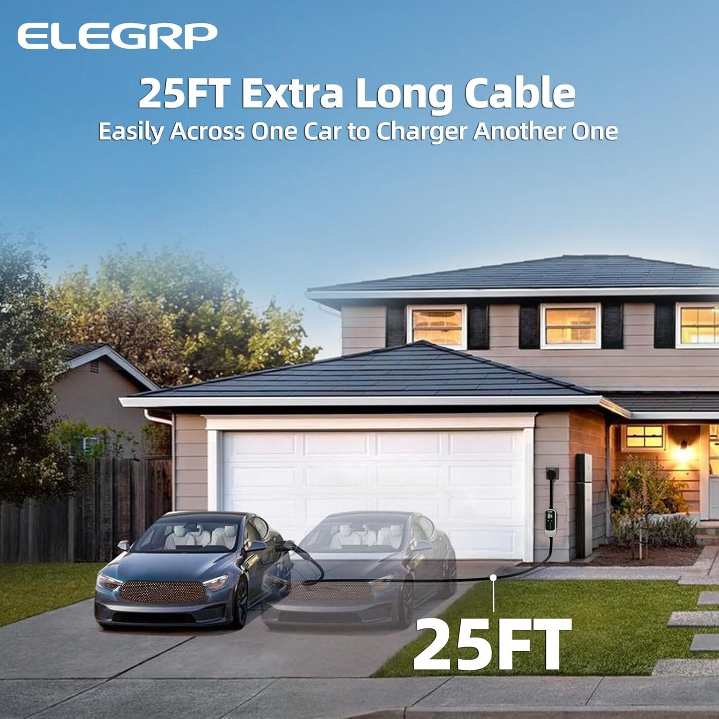 ELEGRP Level 2 EV Charger for Home, 32 Amp, ETL Certified, PBE & LCD Technology, 25ft J1772 Cable with NEMA 14-50 Plug, Plug and Play, 240V for BEVs/PHEVs