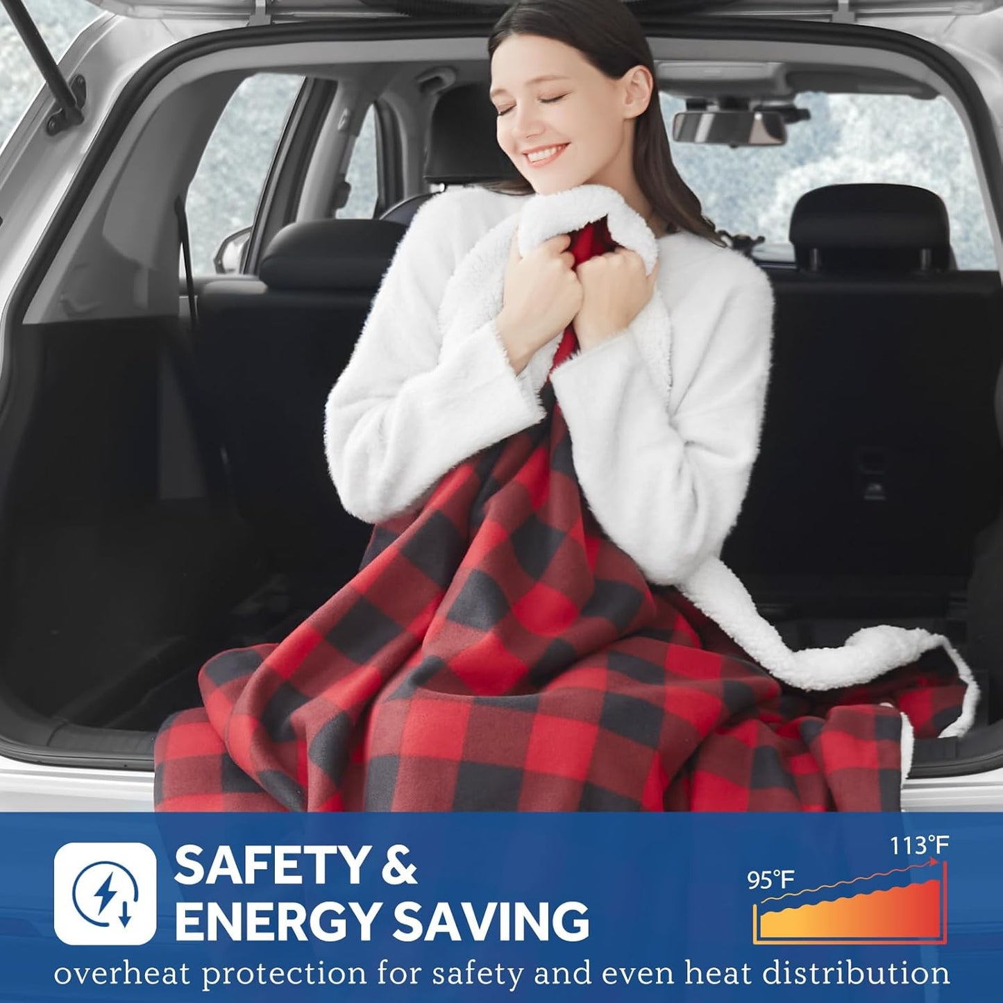 Sealy 12-Volt Heated Car Blanket with 2 Output USB Ports, 3 Heating Levels & 4 Hours Auto Off, Electric Blanket for Car Truck, SUV, RV or Camping, Machine Washable, 59" X 43", Plaid
