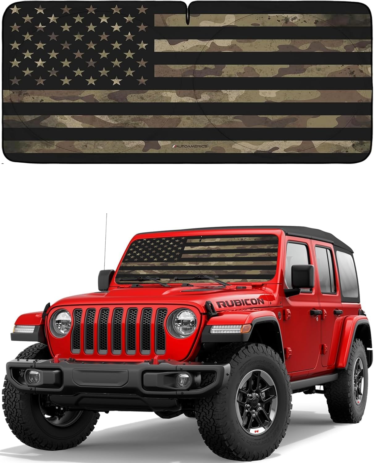 Autoamerics JeepWrangler Dark Camo Flag 1-Piece Windshield Sun Shade Foldable Car Front Window Sunshade - Best Heat Shield Reflector Cover - Blocks Max UV Rays & Keeps Your Vehicle Cool