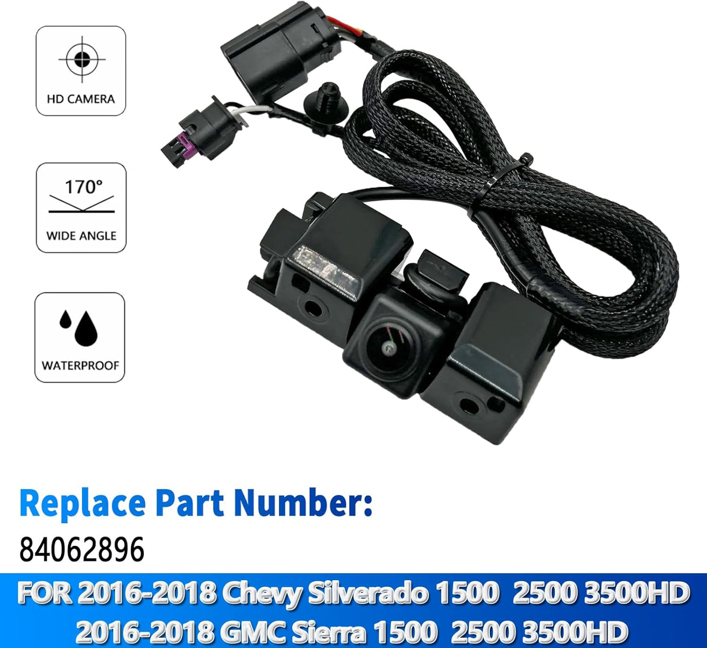 Rear View Back Up Camera Compatible with Chevy Silverado/GMC Sierra 1500 HD 2500 HD 3500 HD 2016-2018 Replaces 84062896