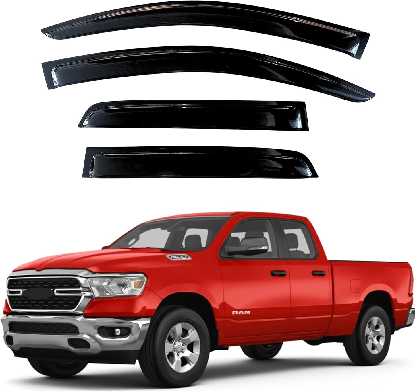 KPY Window Visor Compatible with 2019-2024 RAM 1500 Quad Cab, 4PC Rain Guard Side Window Vent Deflectors Tape-On Style, 2019 2020 2021 2022 2023 2024 (Quad Cab Only) Only for New Body Style