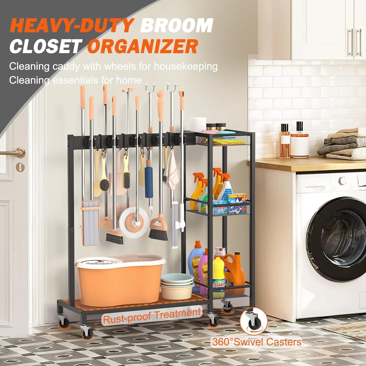 Broom Holder with Cleaning Supplies Organizer, Broom Closet Storage Cabinet with Cleaning Caddy, Cleaning Cart with Mop Hanger Gripper Rack Hooks,Janitorial Housekeeping cart,Laundry Room Organization