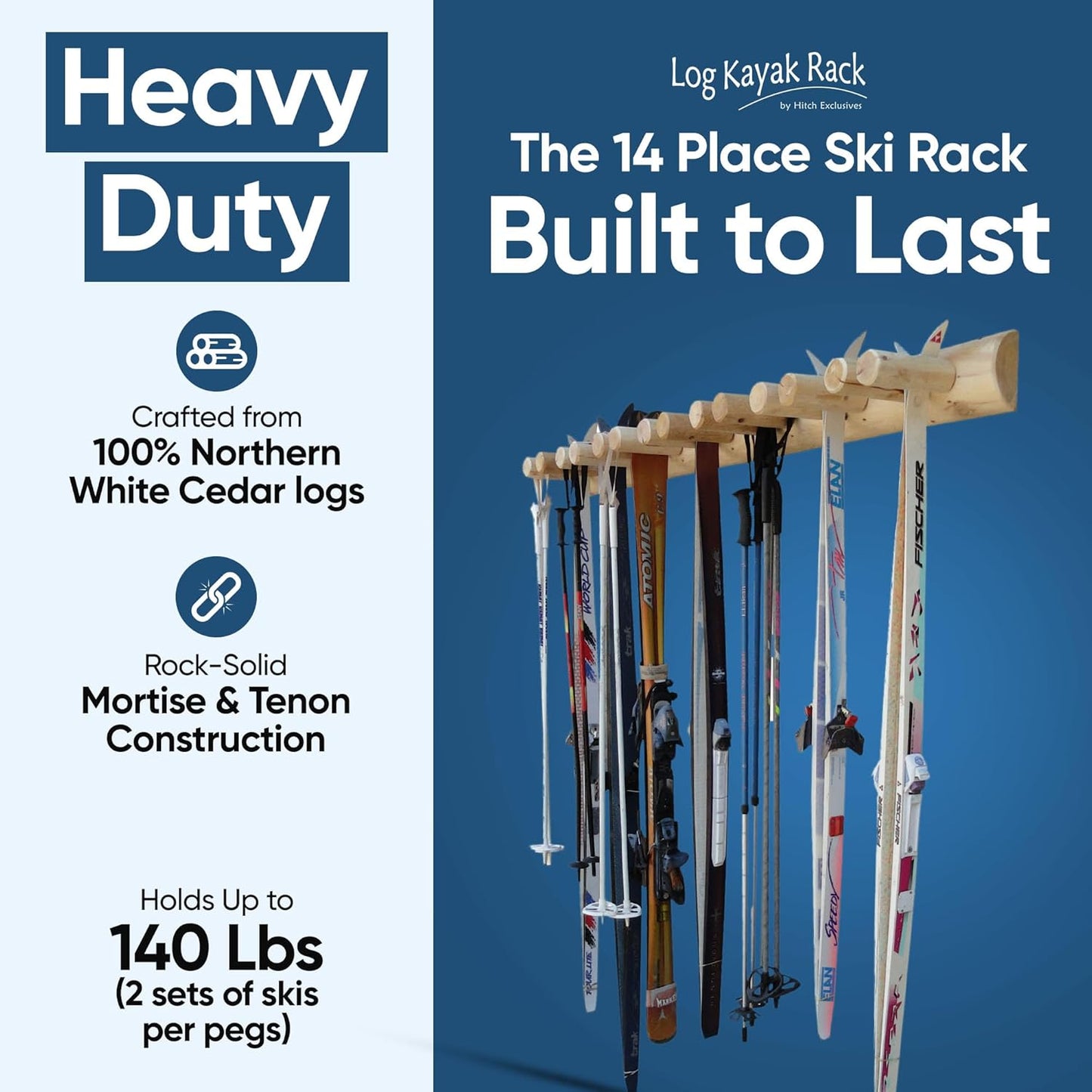 14-Place Log Ski Rack Wall Mount, Indoor Ski Storage Rack for Garage Organizers, Wooden Skis Wall Mount Storage Racks, Pole Skis Sports Racks, Garage Organization Walls - Unfinished