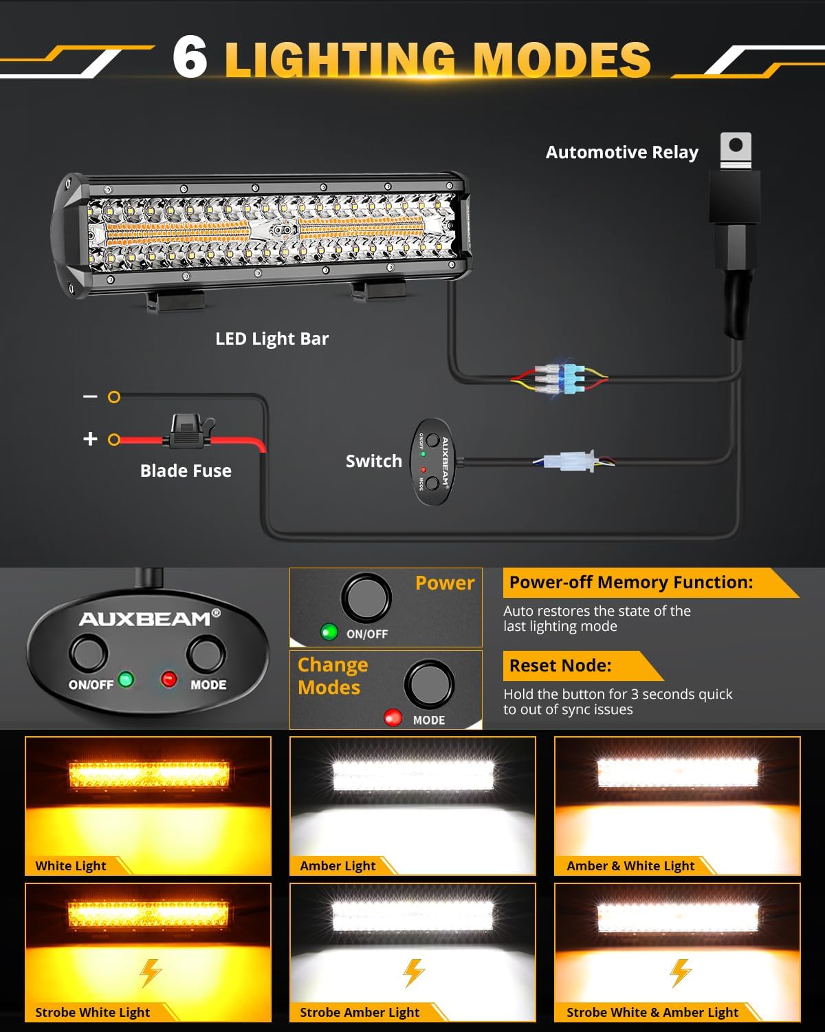Auxbeam 12 Inch LED Light Bar, 6 Modes Strobe Amber Pod Lights Yellow Fog Light Dual Color Spot Flood Offroad Driving Lights, Memory Function LED Work Lights for Truck Car ATV