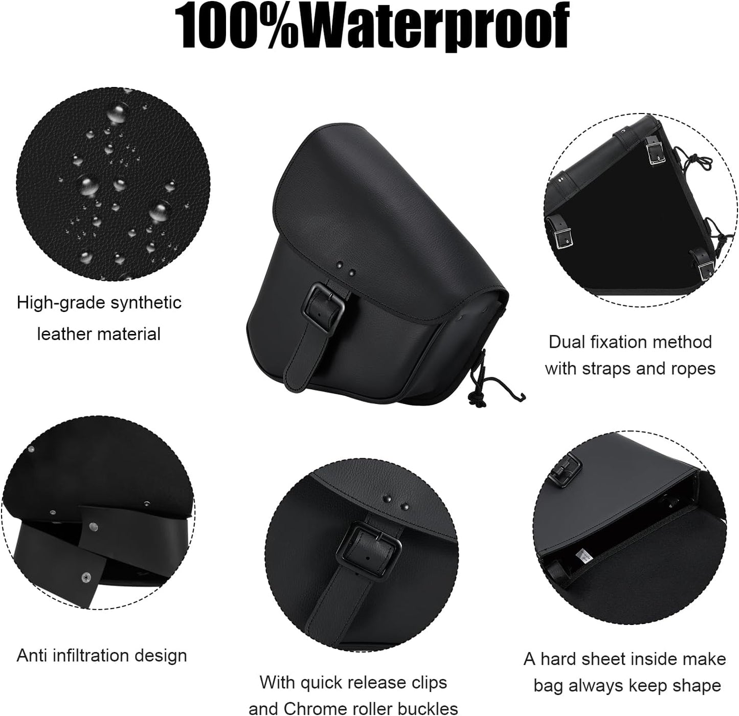 Gargoyle Bells Solo Saddle Bags - PVC Waterproof Motorcycle Luggage for Sportster Softail (Left Side, Black-Single Buckle)