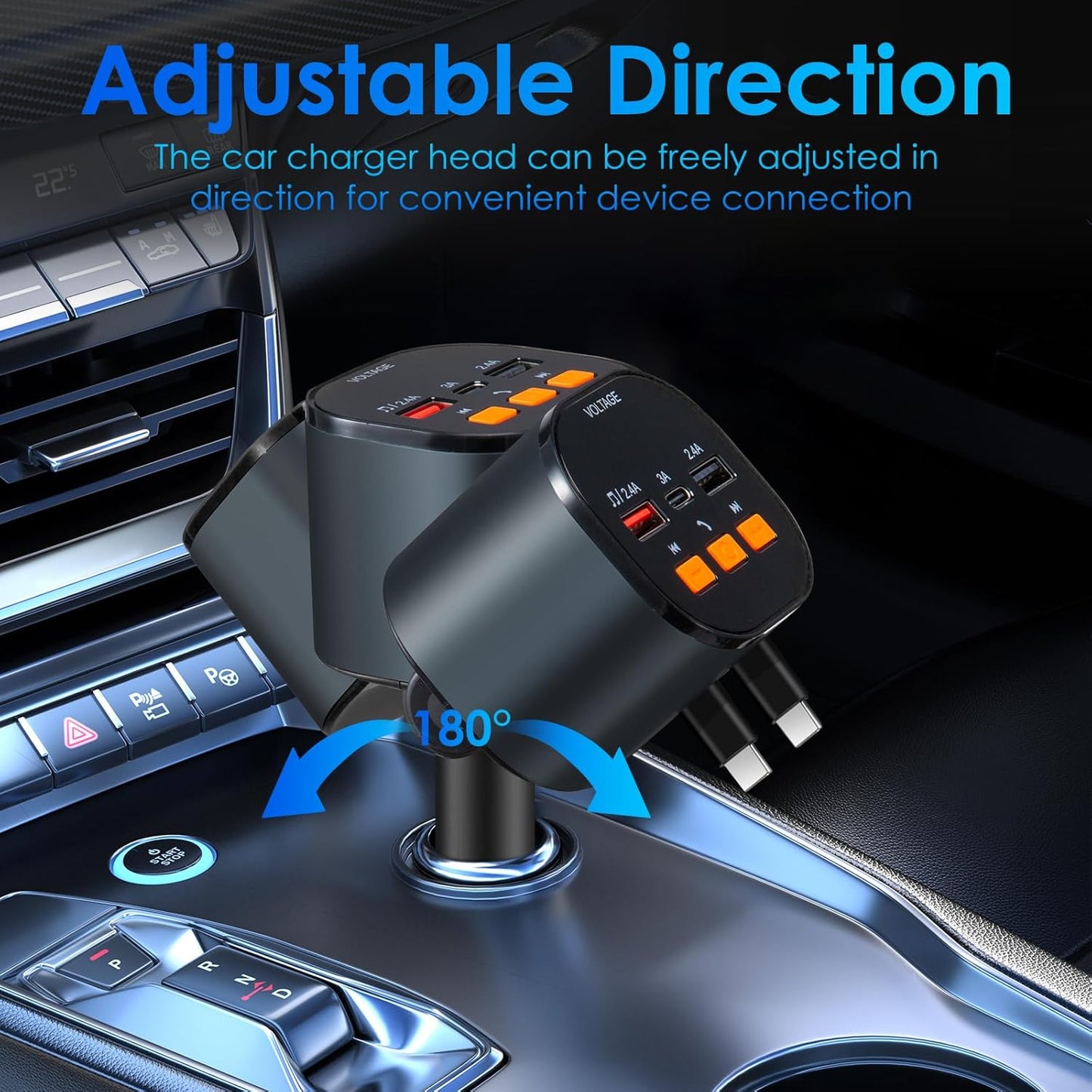 Retractable Car Charger,5 in 1 Fast Car Phone Charger 90W,Bluetooth 5.3 FM Transmitter Adapter,Handsfree Call,2 Retractable USB-C Cables and USB Cars Chargers for iPhone 16/15/14/13/12/11,Galaxy,Pixel