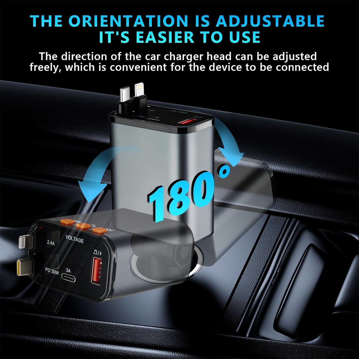 Retractable Car Charger,5 in 1 Fast Cars Phone Charger 60w,Bluetooth 5.3 FM Transmitter Adapter,Handsfree Call,MP3 Player,2 Retractable Cables and USB Chargers, for Phone,Galaxy,Pixel (Black)