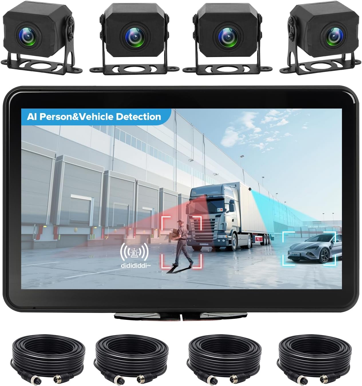AI 4 Channel Dash Cam 1080P RV Backup Camera System with 10.1 Inch Touch Monitor,Person Detection MDVR Recording with 4pcs IP69K Waterproof Cameras for Truck/Trailer/Camper Van/SUV/Fleet