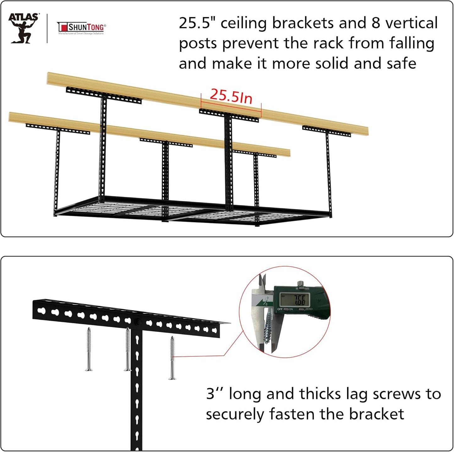 The Atlas 4 x 8 ft Adjustable Height Overhead Garage Storage Rack 900 lbs Heavy Duty Capacity Hammertone Finish