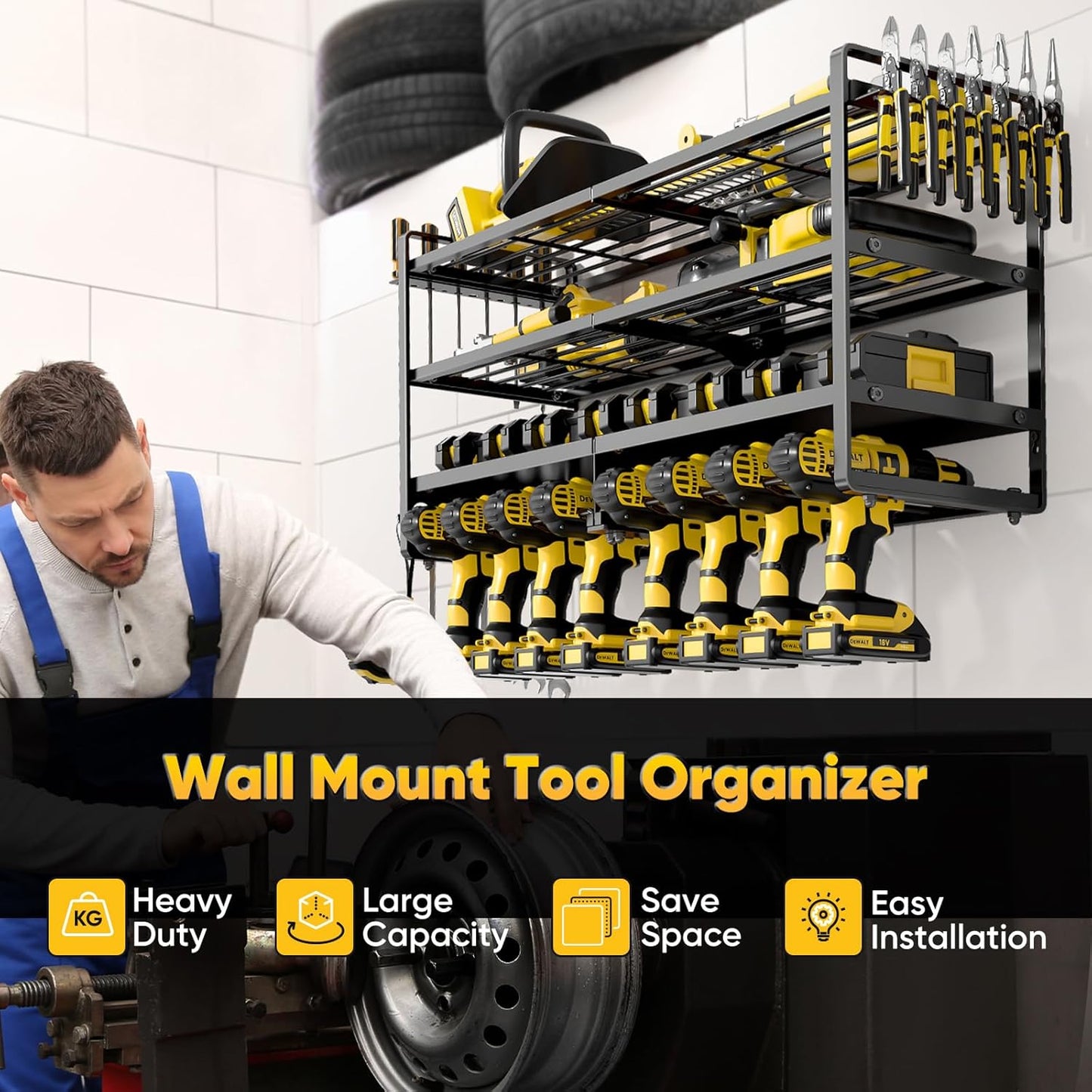 Large Power Tool Organizer Wall Mount,4 Layers Heavy Duty Metal Loads 400lbs,Power Tool Shelf Battery Storage with 8 Cordless Drill Holder,Utility Racks for Garage Workshop