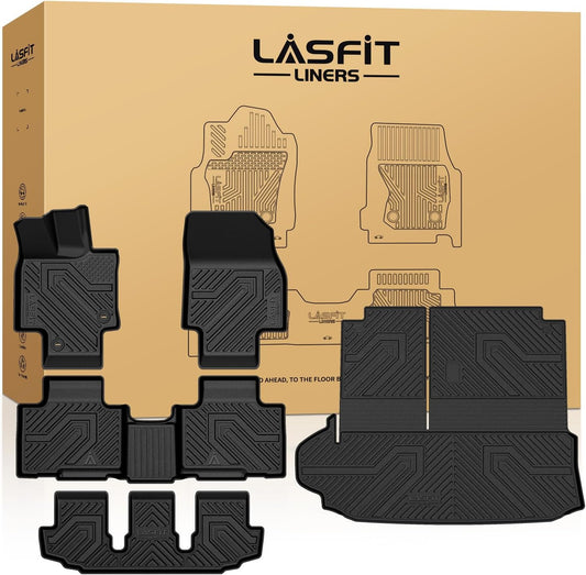 LASFIT Floor Mats & Cargo Mat for Toyota Highlander 2020-2025 (Fit Hybrid, 7&8Seats), All Weather Fit TPE Floor Liners, 3 Rows & Cargo Liner Back Seat Cover for Highlander car mats(Not Subwoofer)