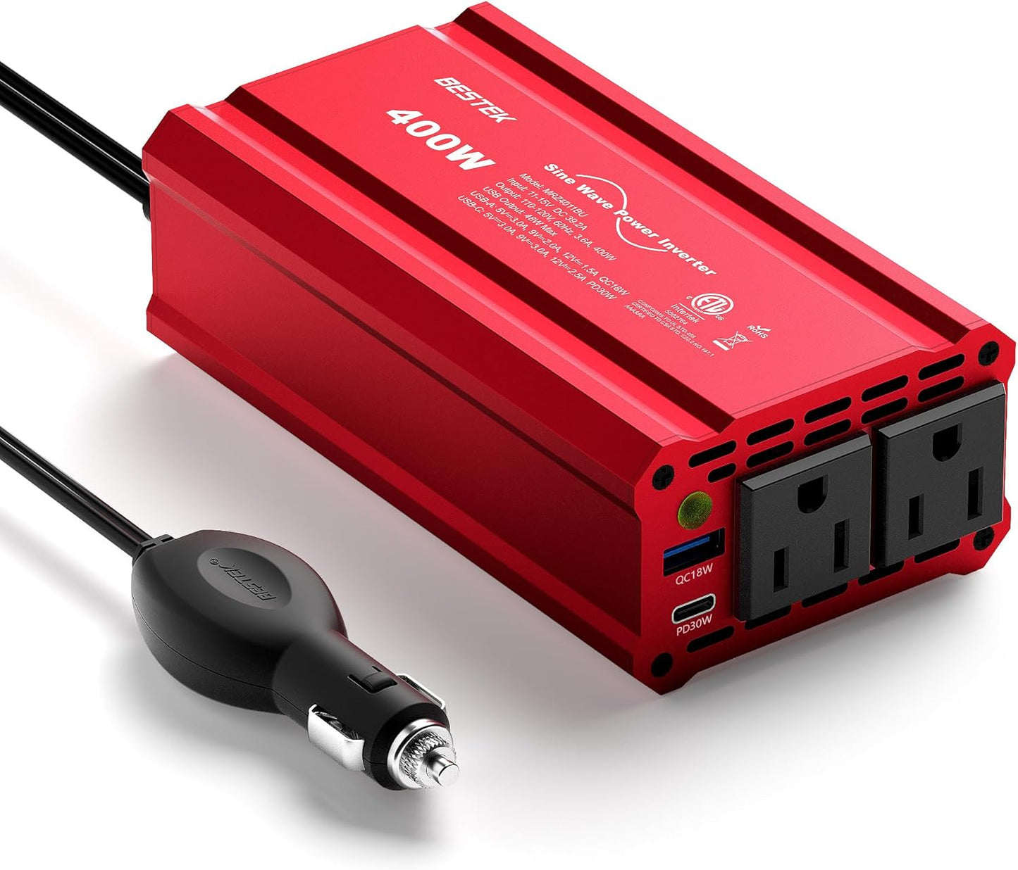 BESTEK 400W Car Power Inverter DC 12V to AC 110V Car Plug T-Type Sine Wave Inverter Adapter Power Converter with PD30W & QC18W Dual USB Charging Ports