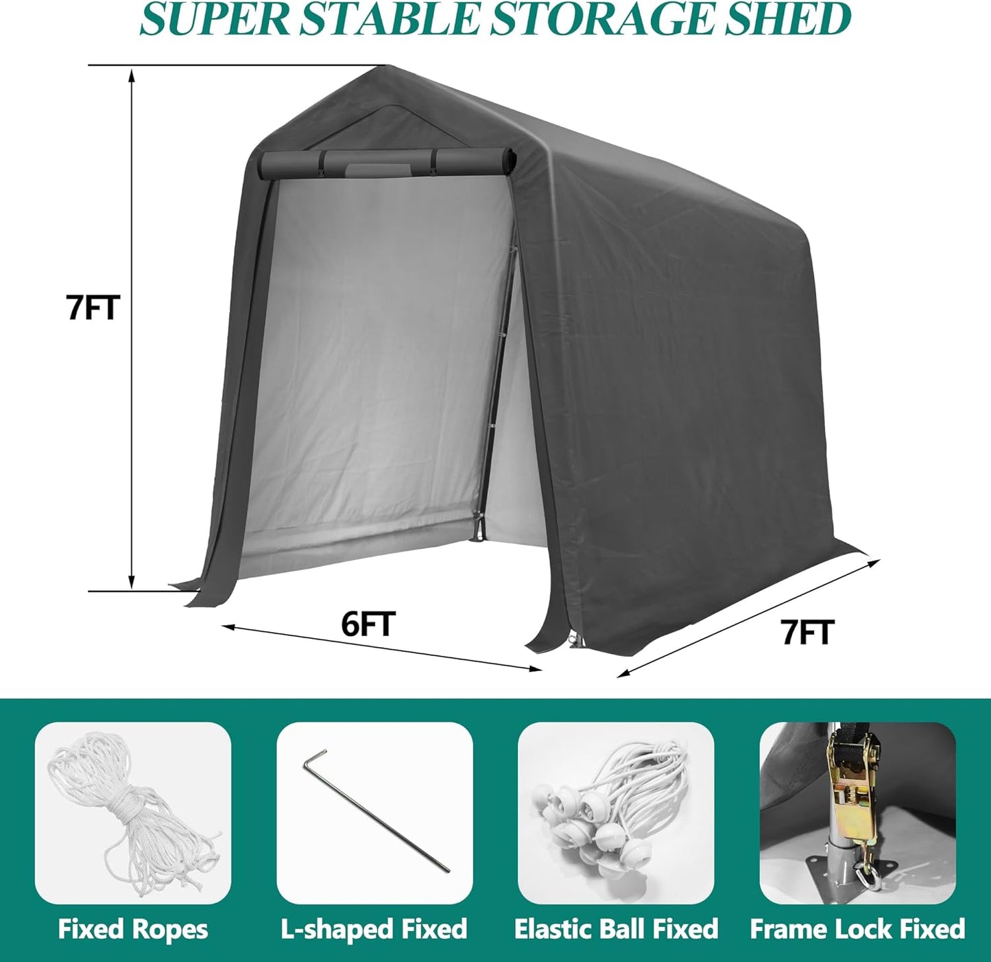 6' x 7' Outdoor Storage Shelter Shed- Heavy Duty Storage Tent with Roll-up Ventilated Windows, Portable Garage Storage shed for Bike, ATV, Motorcycle Shelter, Gray