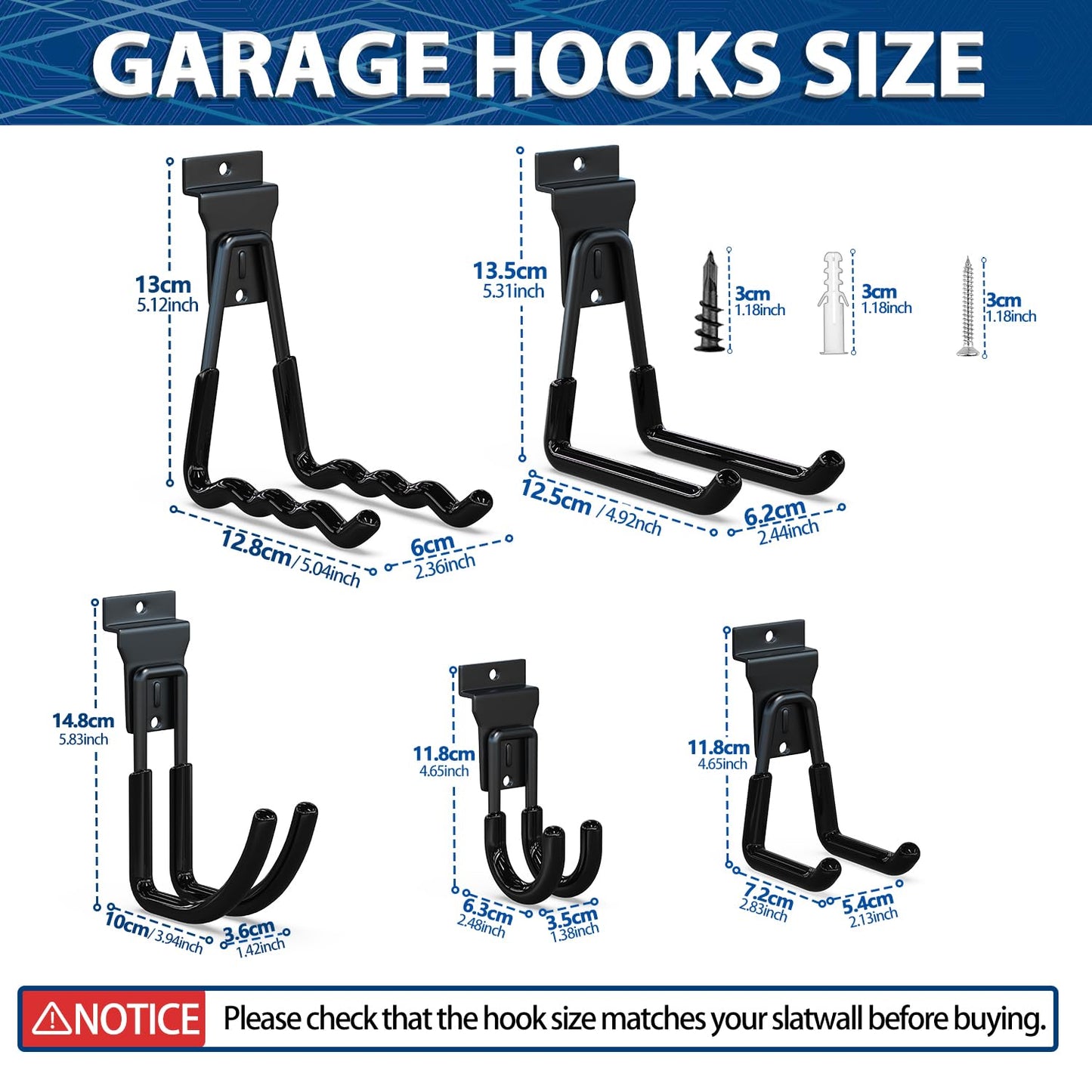 3-H Slatwall Accessories 10 Pack,Slatwall Hooks & Hangers 5 Sizes,Slat Wall Hanging Hooks Heavy Duty,Proslat Accessories for Garage Storage Wall Panels Organzing Garden Tools Chairs Ladder(Black)