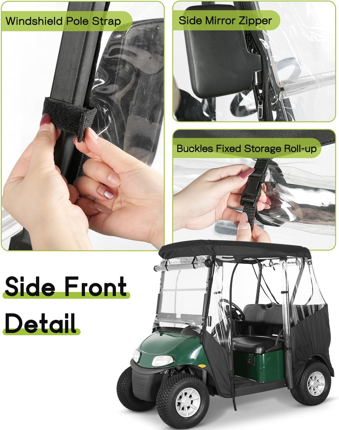 Golf Cart Enclosure 2 Passenger for EZGO TXT & RXV 2-Person Seaters Waterproof Transparent Driving Rain Enclosure Cover with 4-Sided Clear Windows Mirror Zipper Roll-Up Door Black