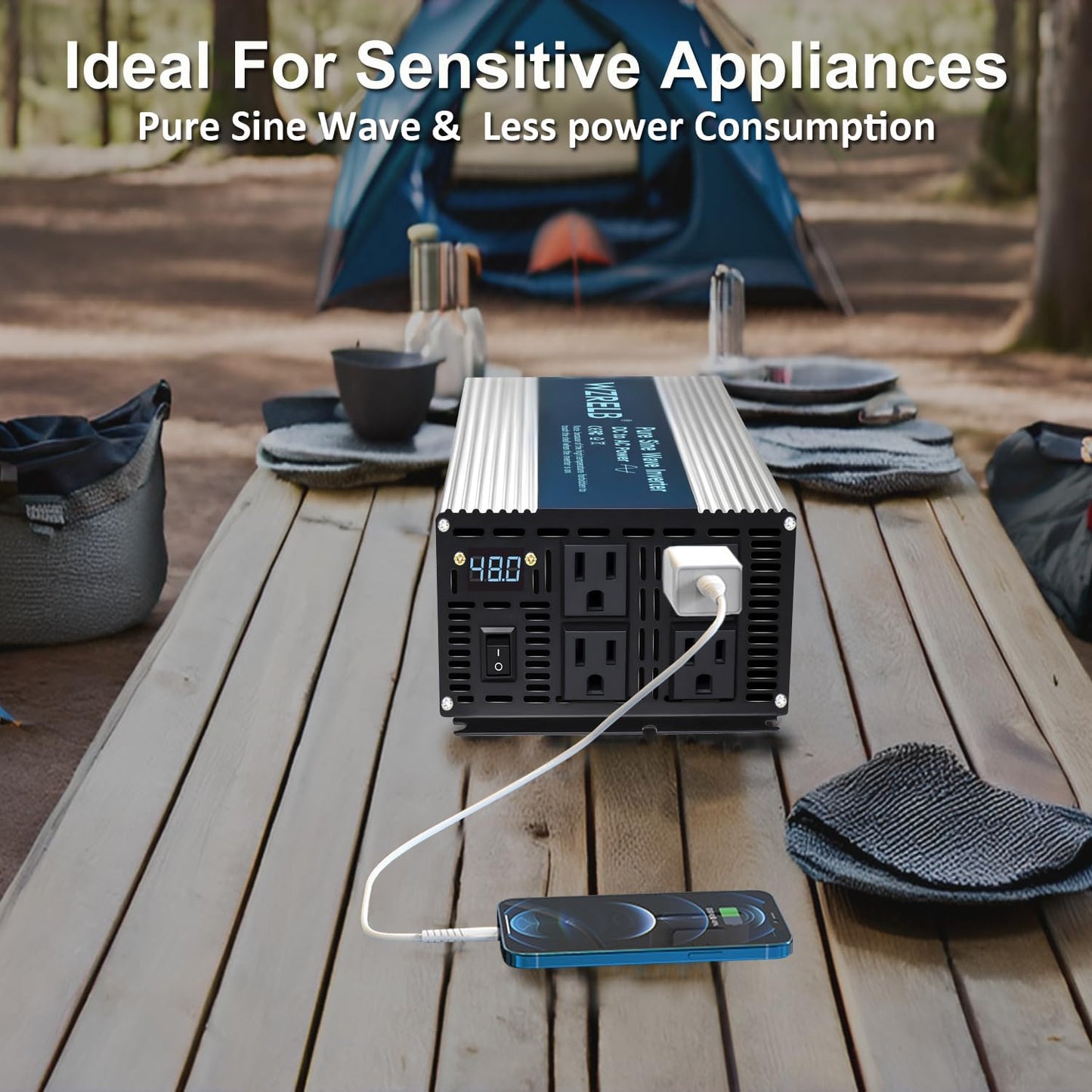 WZRELB 1800W Pure Sine Wave Inverter 48V DC to 110V 120V AC,Car Power Inverter with 4 AC Outlets, LED Display,Off-Grid Portable Power Converter for Home, RV, Truck, Camping