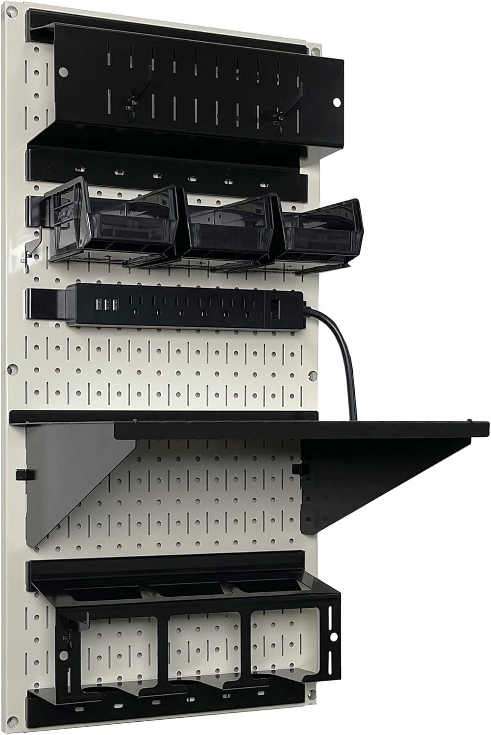 Wall Control Power Tool Storage Organizer Kit Cordless Drill Holder Charging Station Rack 16” x 32” Metal Pegboard Organization System (Beige Pegboard)