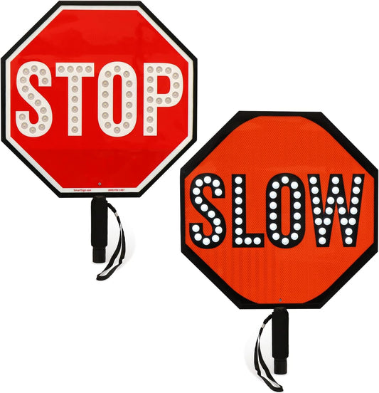 SmartSign LED STOP SLOW Paddle - Reflective Hand Held Stop Slow Sign with Handle, 18" Double-Sided, Steady/Flashing LED Light Modes, Rechargeable, Pack of 1