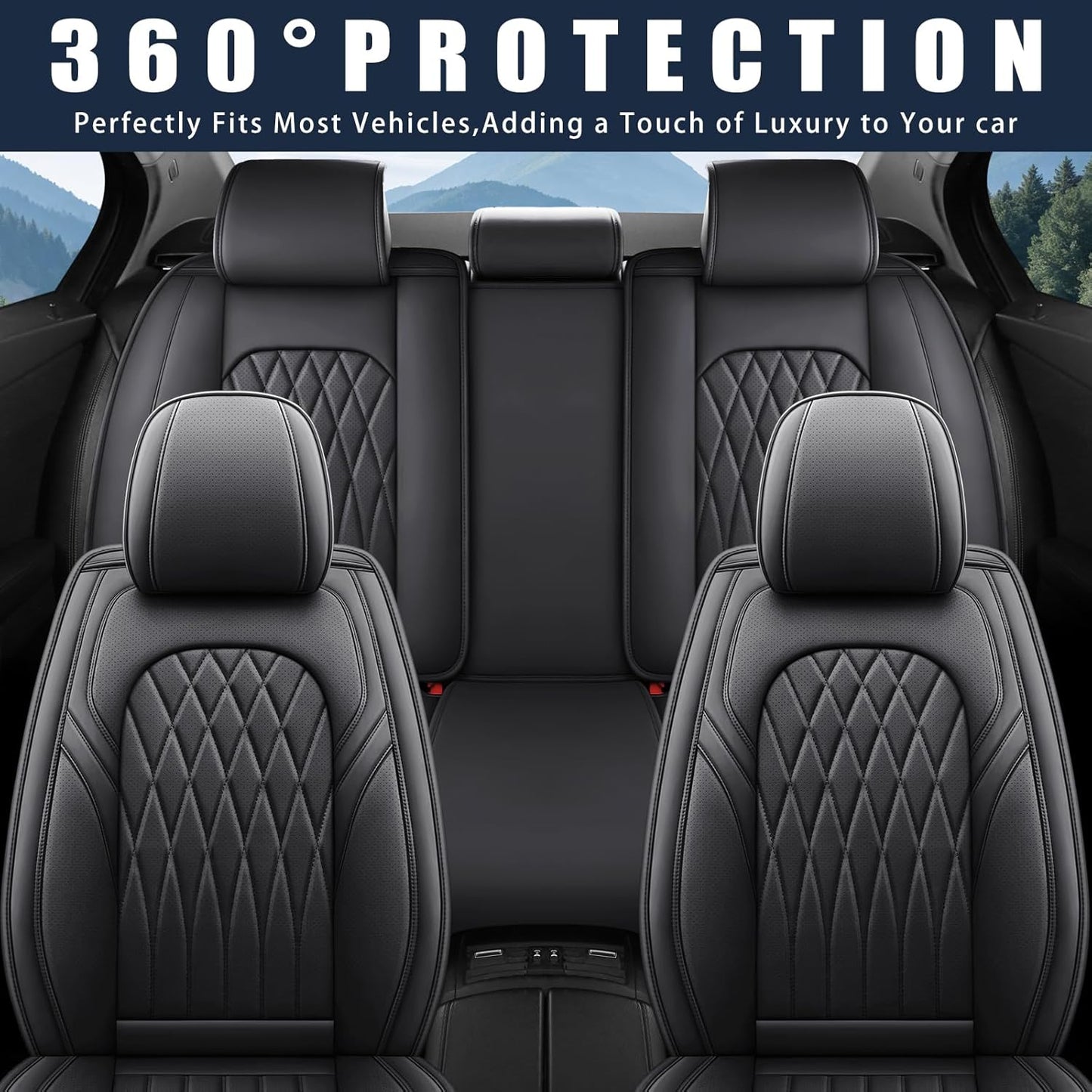 WELLDO Car Seat Covers Full Set, Leather Seat Covers for Cars, Car Seat Protector Waterproof, Non-Slip Car Interior Covers Full Set Universal Automotive Seat Covers for Most Cars SUVs, Black