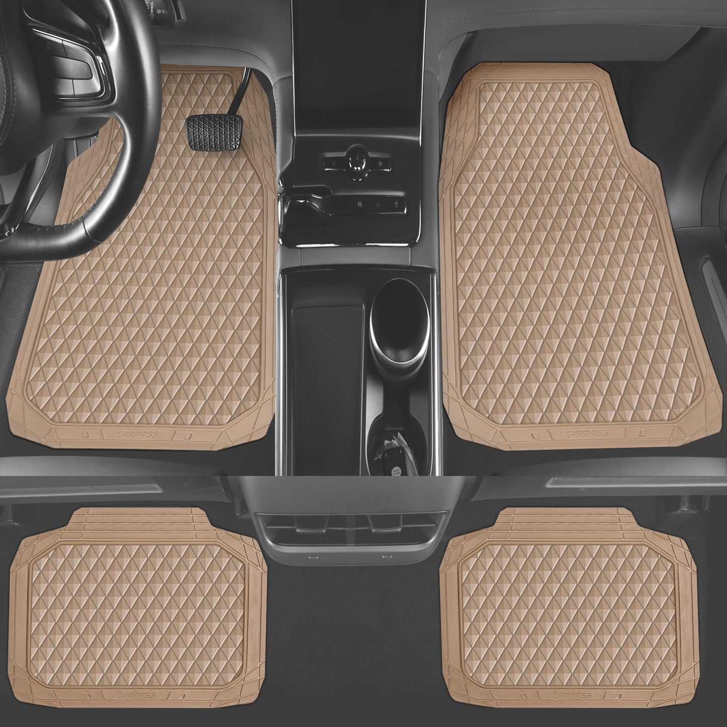 CAR PASS Beige Rubber Car Mats, All-Weather Floor Mats Full Set Durable Anti-Slip 3D Rhombus Waterproof Automotive Pad Trim to Fit Liner Universal Fit for Sedan SUV Truck Van, 4 Pcs All Beige Rubber