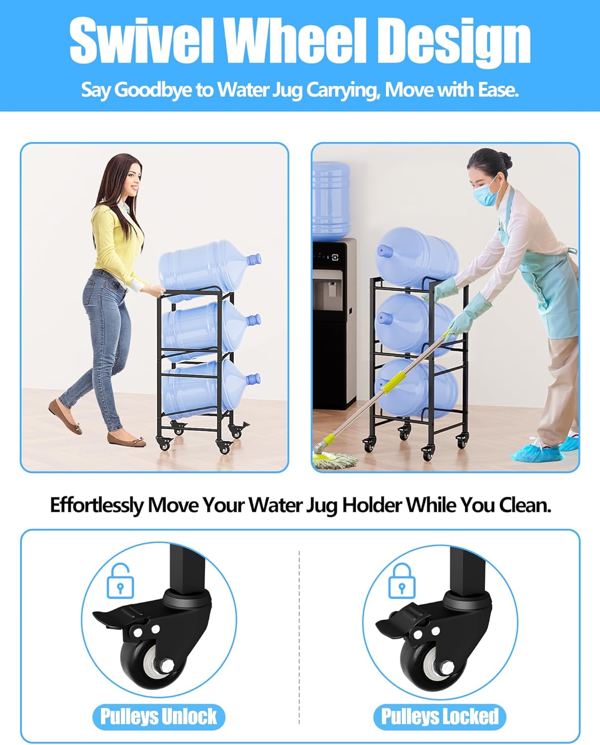 5 Gallon Water Jug Holder, Movable 3 Tier Heavy Duty Water Rack with 4 Wheels, Rack for Water Jug Storage, Space Saving Water Stand for Three 5 Gallon Water Jugs, Black