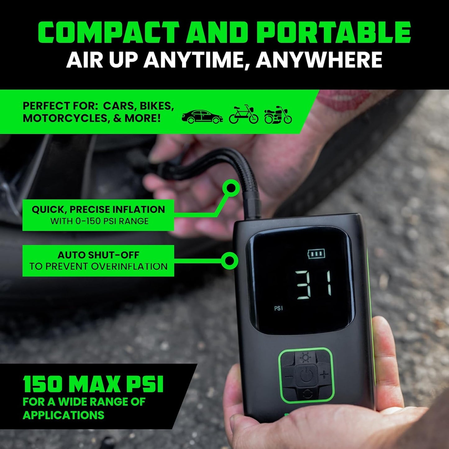 Rhino USA Tire Inflator Portable Air Compressor (150 PSI) Upgraded Air Pump for Car Tires with Digital Pressure Gauge - Best Mini Air Pump for Bike Tires with Dual LCD Screen (Black & Green)