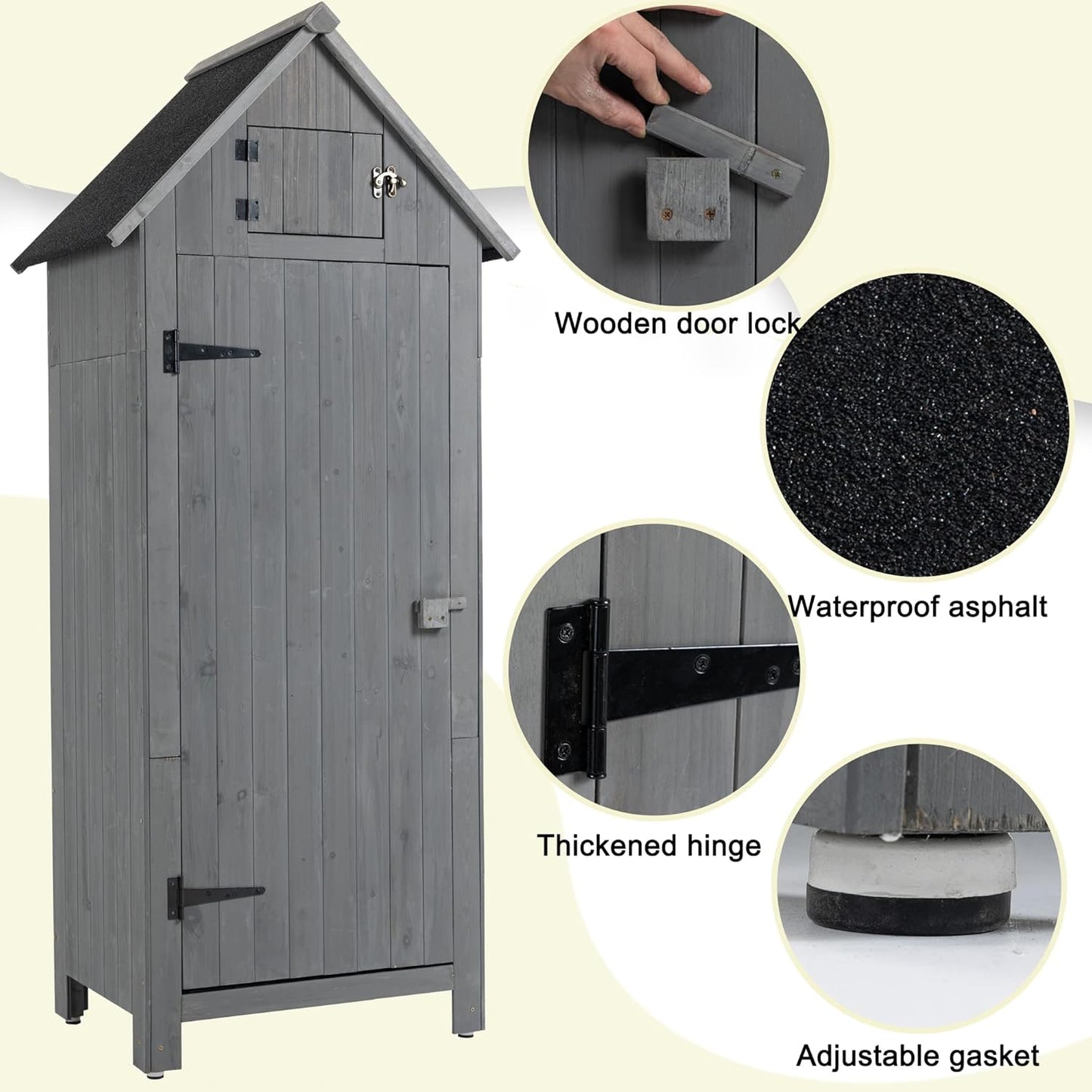 30.3" L X 21.3" W X 70.5" H Outdoor Storage Shed with Waterproof Roof, Solid Fir Wood Frame, and 3 Compartments for Garden Tools, Mower, and Hose,Grey
