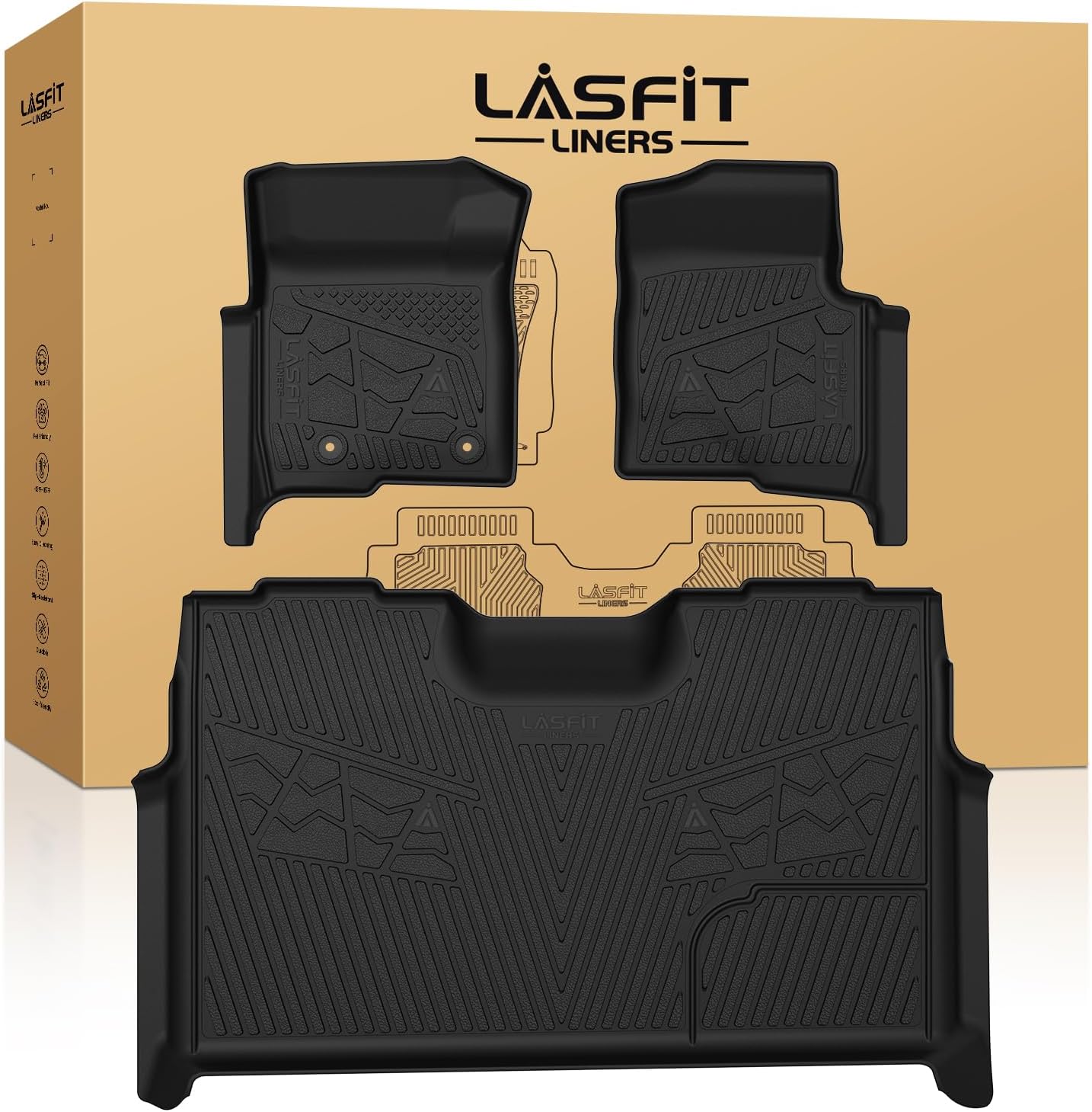 LASFIT Floor Mats for Ford F-150 2011-2014 SuperCrew Carpet Floor Front Row w/Flow-Through Console All Weather Protector TPE Truck Liners, 1st & 2nd Row, 3pcs Black