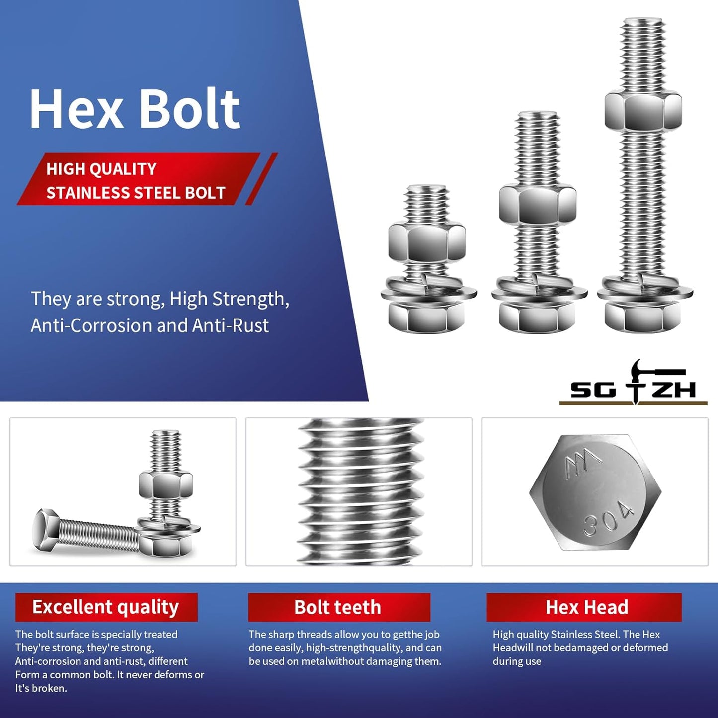1/4-20 x 1" Hex Head Screw Bolt, Nuts, Flat & Lock Washers, 20Pcs 18-8 (304) Stainless Steel, Fully Threaded, by SG TZH