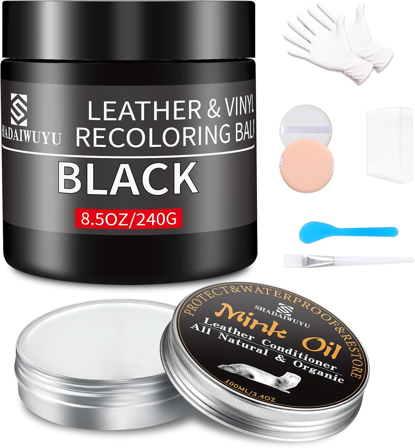 8.5oz Leather Recoloring Balm with 100ml Mink Oil,Black Leather Repair kit for Furniture and Car Interior,Leather Couch Scratch Repair,Leather Dye Paint,Mink Oil for Leather