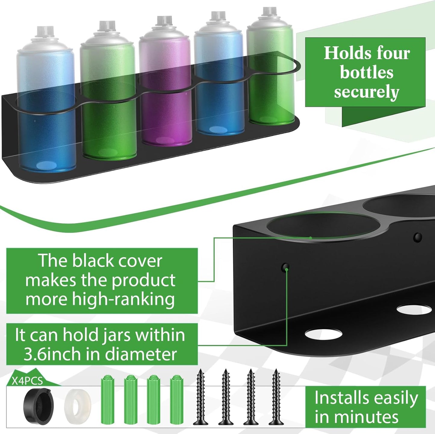 Therwen 2 Pcs 5 Holes All Purpose Steel Spray Bottle Holder Heavy Duty Spray Can Holder Rack Organizer Easy Install Wall Mount Paint Bottle Organizer Storage Rack for Garage Home Workspace(Black)