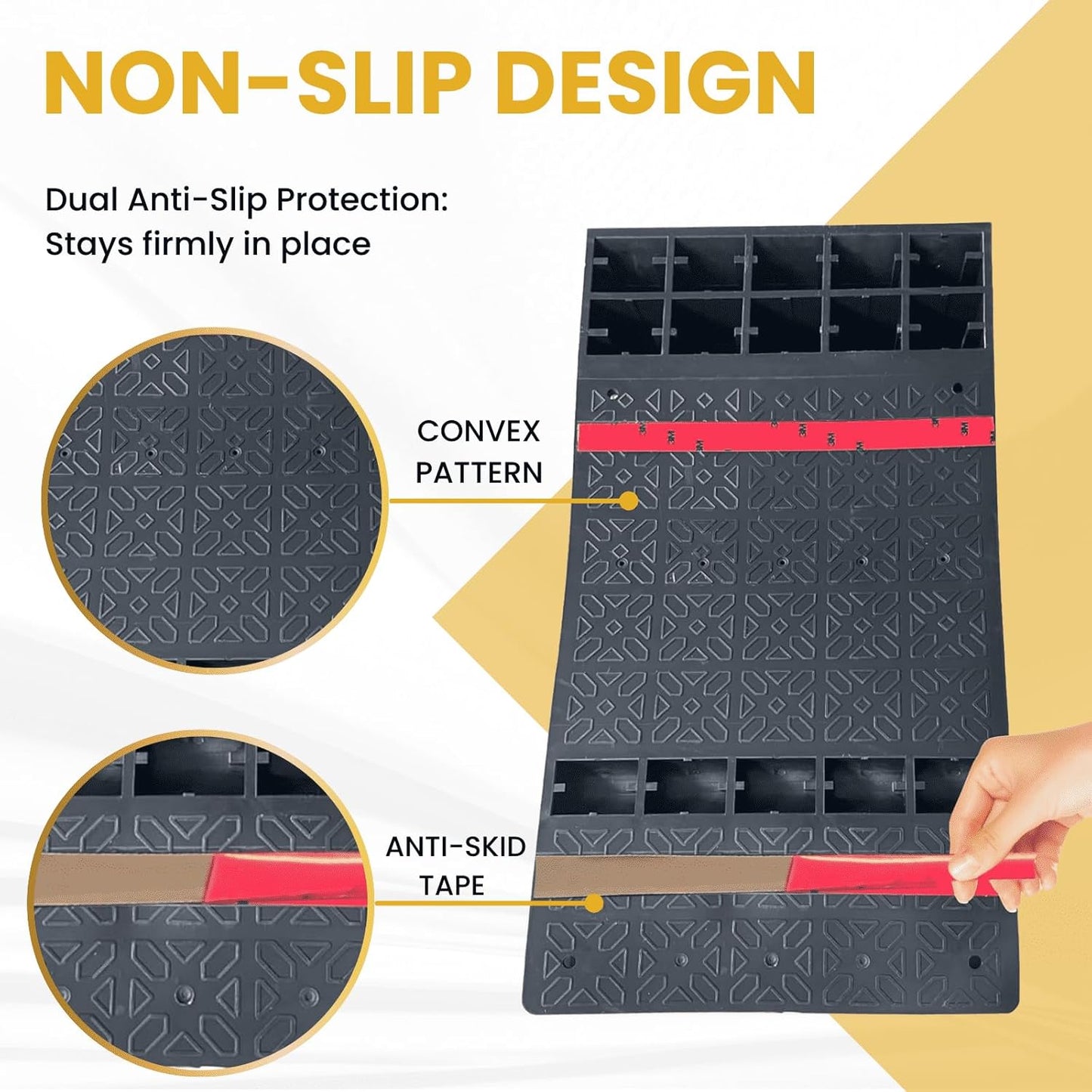 22" x 11.5" Rubber Parking Guide Mat, Heavy-Duty Wheel Stoppers with Reflective Stripes, Anti-Skid Garage Parking Mats, Self-Adhesive Vehicle Stoppers for Cars, Trucks, SUVs, Indoor/Outdoor (4)