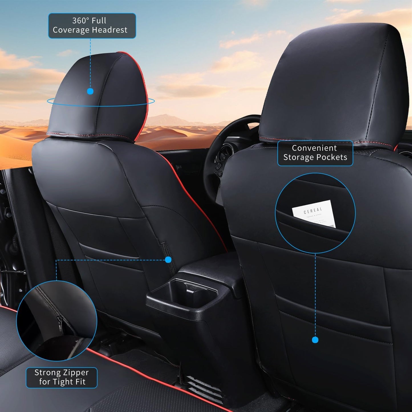 Car Seat Covers Full Set for Toyota Tacoma Double & Crew Cab 2023 2022 2021 2020 2019 2018 2017 2016 Tacoma Interior Accessories Premium Faux Leather Breathable Waterproof (Black+Red Line)