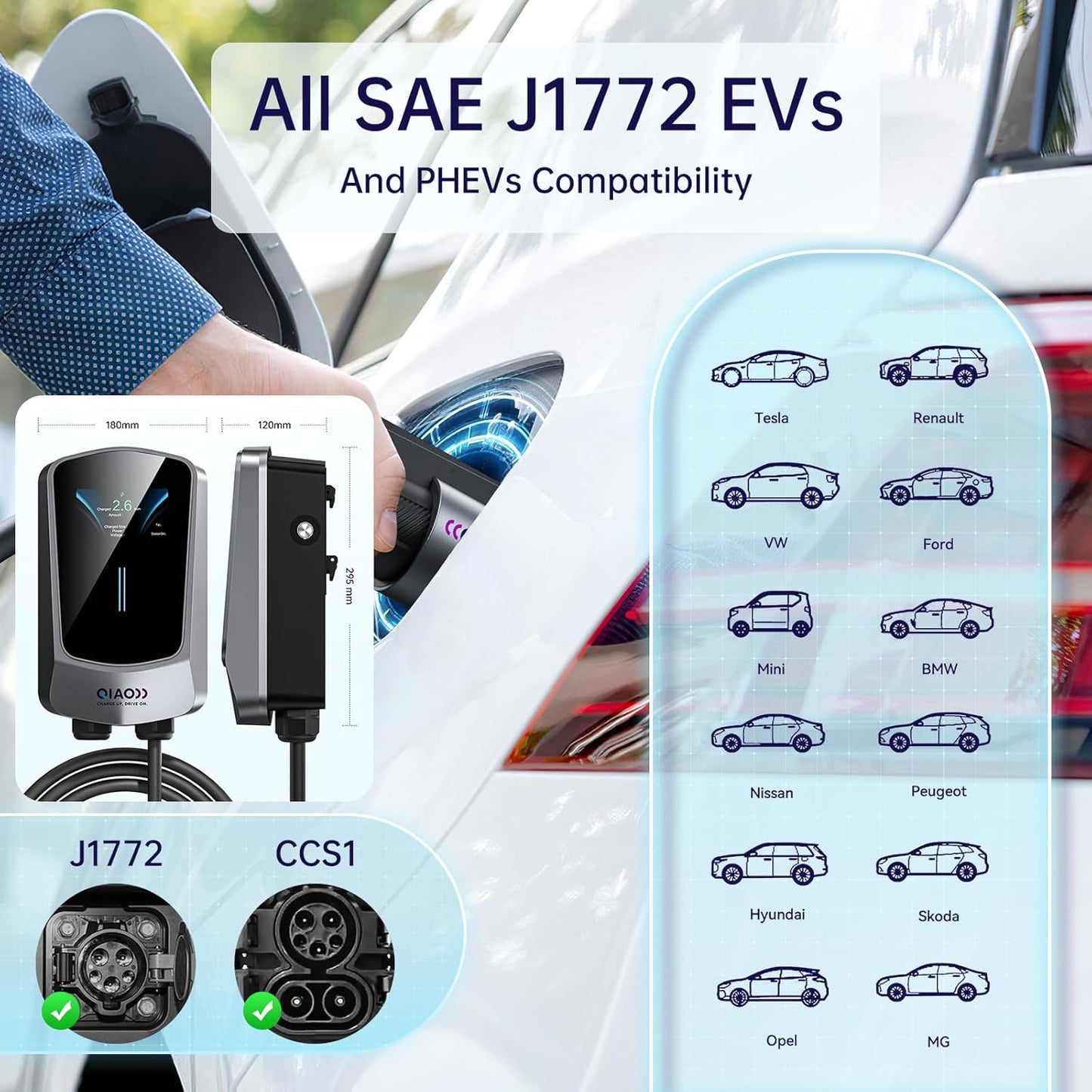 QIAO Level 2 EV Charger, Up to 40A Electric Car Charger, Wi-Fi Bluetooth APP Enabled EVSE, 4.3in Display, 25ft Cable, NEMA 14-50 Plug Charge Station Compatible with All SAE J1772 EV Models White