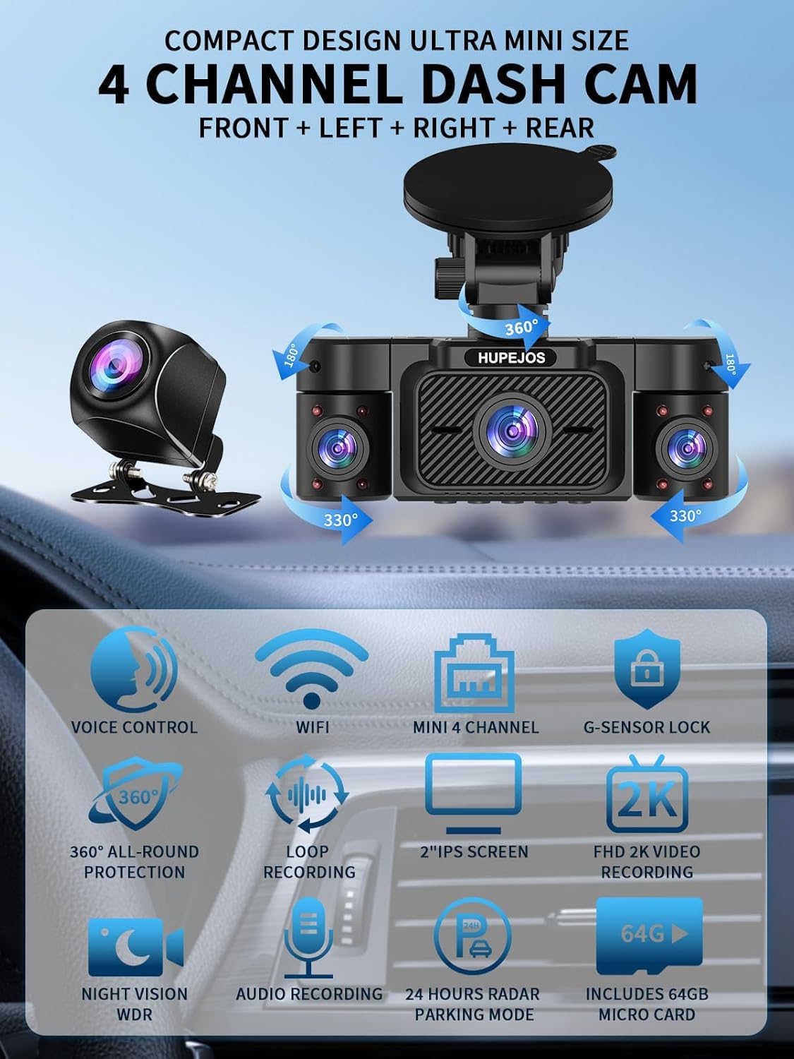 Dash Cam Front and Rear, 360 Dgree View 4 Channel Dash Camera for Cars 2K FHD, Mini Dashcam Built-in WiFi, Car Camera with 64GB Card, Voice Control, Night Vision,WDR,24/7 Parking Mode, V30-4CH