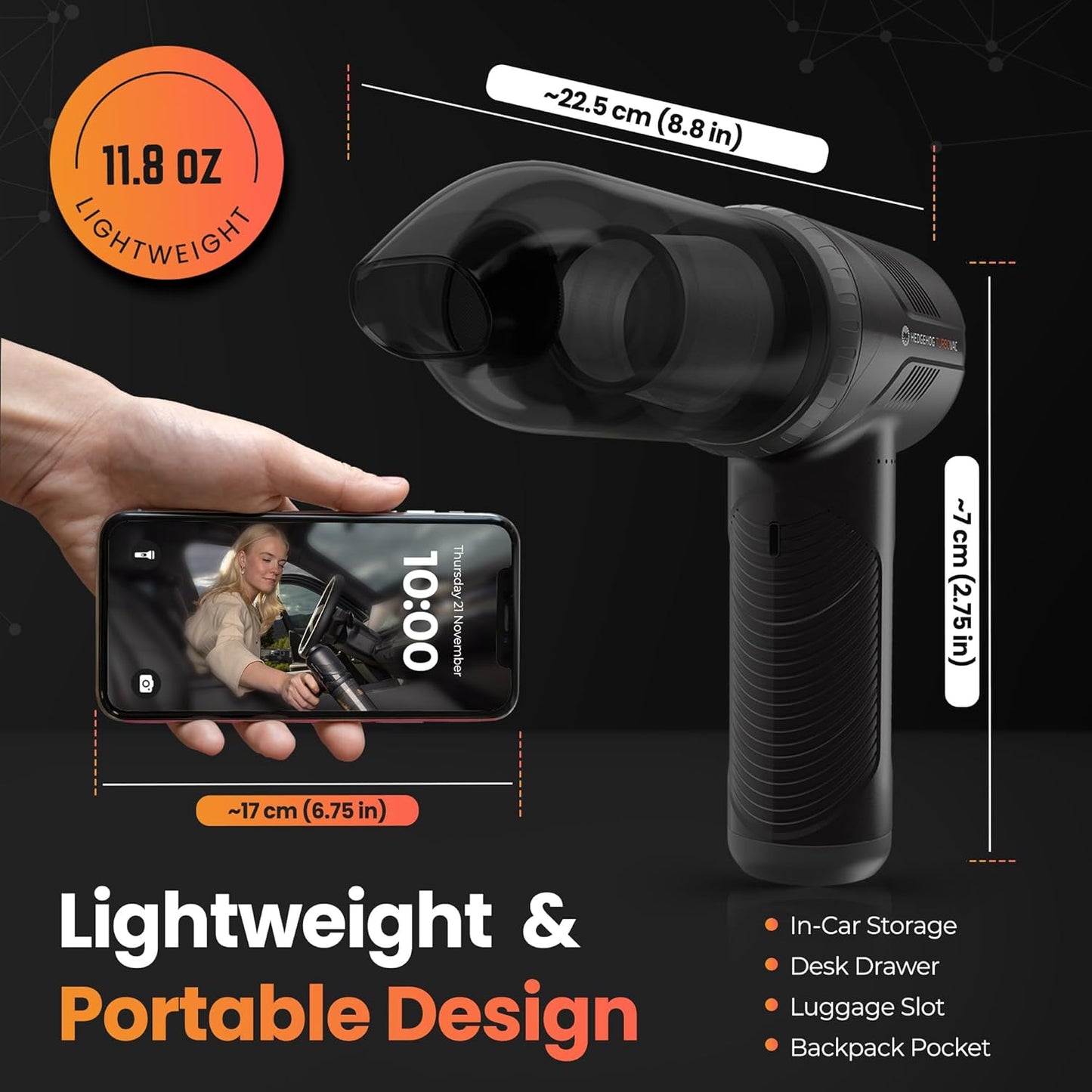 Hedgehog TurboVAC 3 in 1 Portable Car Vacuum Cleaner, Blower & Air Pump - Hand Held Vacuum Cleaner for Car with USB C Rechargeable, 14000PA Powerful Suction, Lightweight Dust Buster for Home & Outdoor