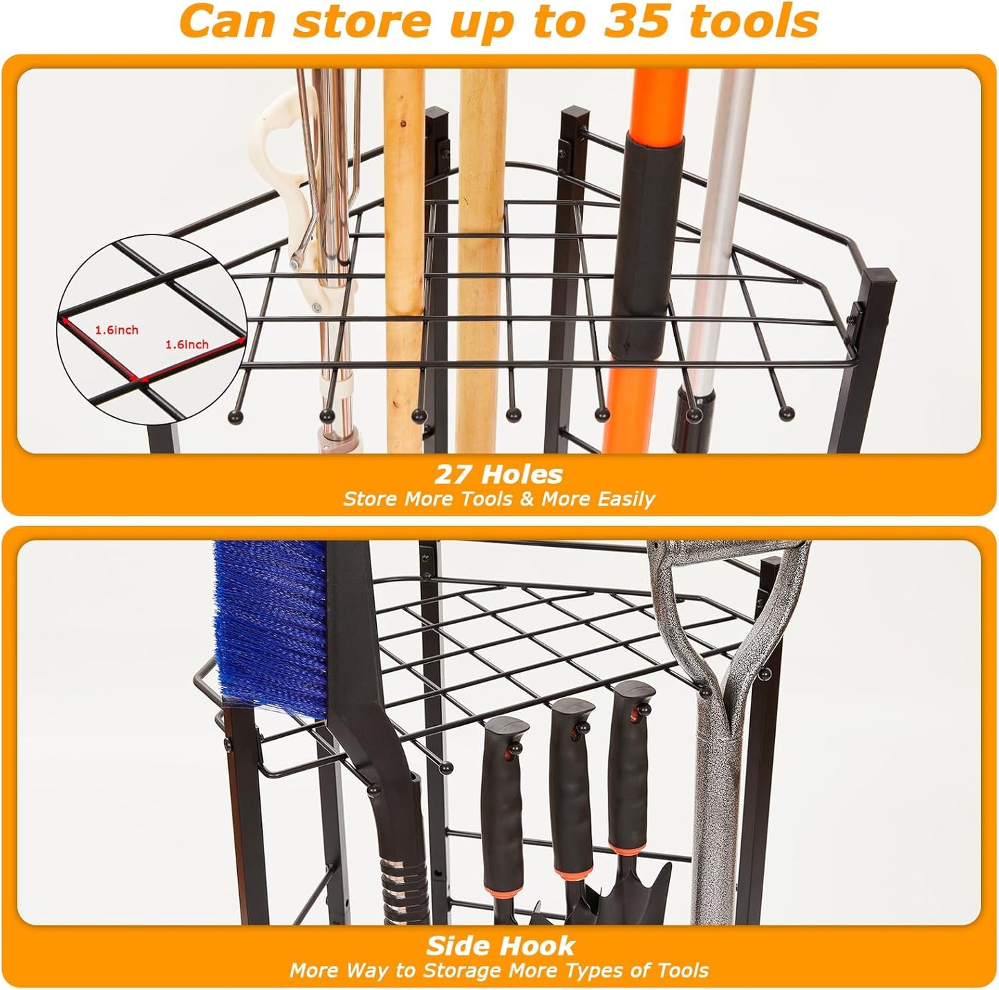 Garden Tool Organizer for Corner, Holds 35 Long-Handled Tools/Rakes/Brooms/Shovles for Garage Organization and Storage, Shed, Outdoor, Lawn, Heavy-Duty Steel, Black, Easy Assembly (Triangle Organizer)