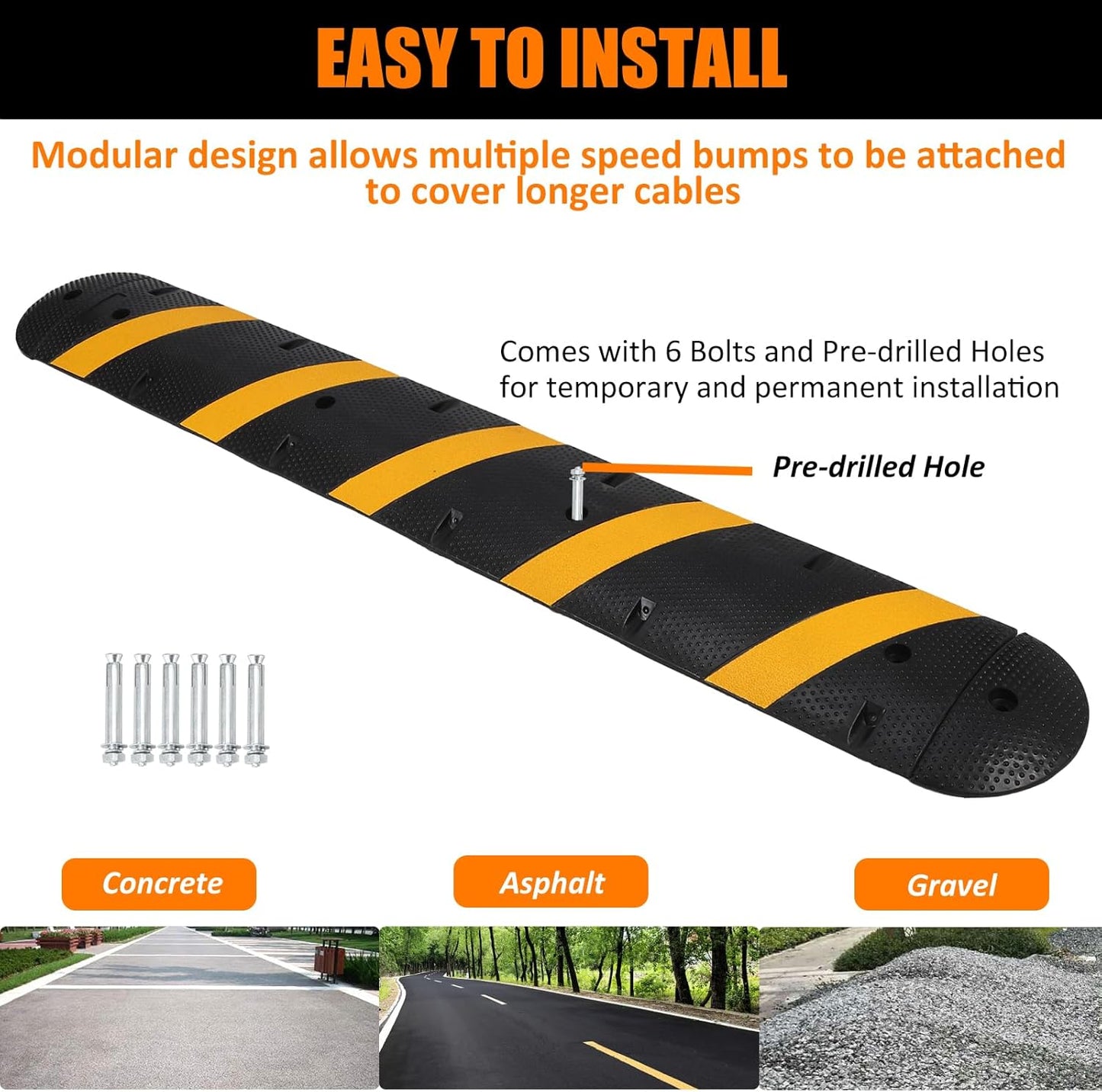 Heavy Duty Speed Bumps for Driveway, 84" Rubber Speed Bumps, 2 Channel Modular Traffic Speed Bump Hump Cable Protector Ramps for Asphalt Concrete Gravel Driveway Road with 2 End Caps, 6 Bolt Spikes