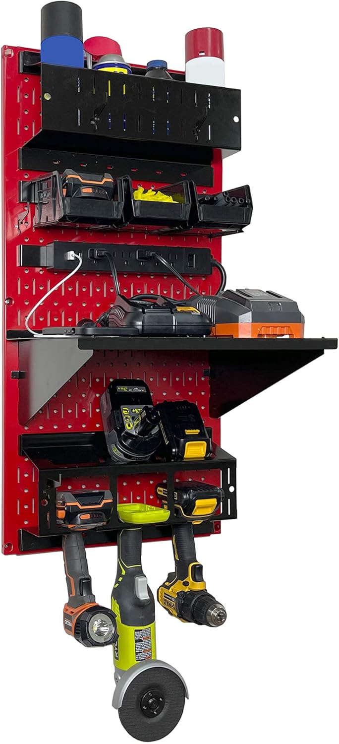 Wall Control Power Tool Storage Organizer Kit Cordless Drill Holder Charging Station Rack 16” x 32” Metal Pegboard Organization System (Red Pegboard)