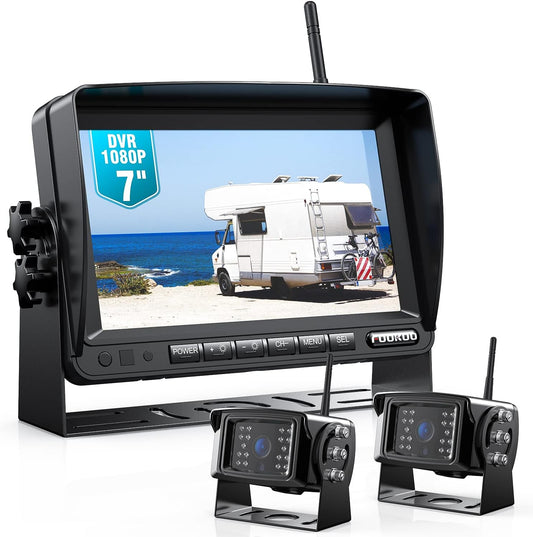 Fookoo 1080P 7" Wireless Backup Camera System, 7" HD Dual/Quad Split Monitor with Recording, IP69 Waterproof Rear View Front View Cameras with Parking Lines, Suits for RV/Truck/Trailer/Van/Bus(DW702)