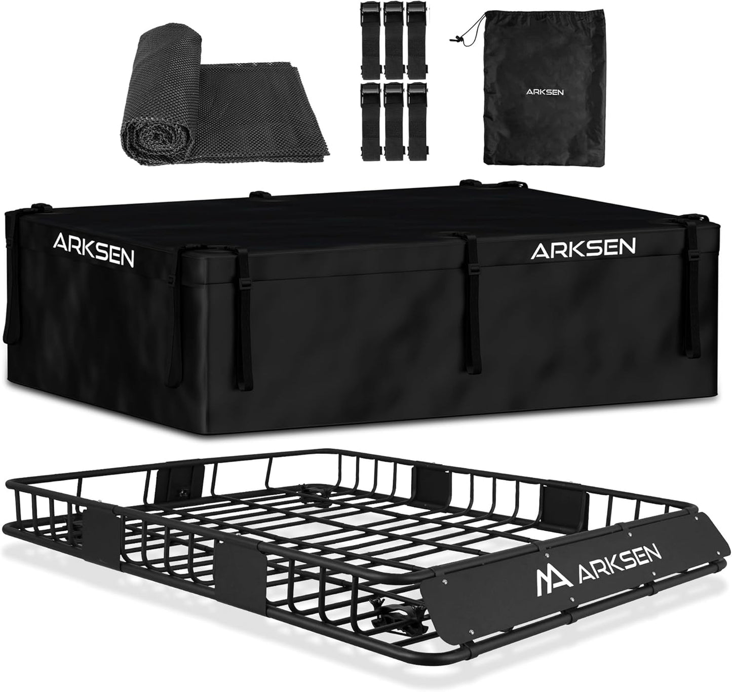 ARKSEN 64 x 50 x 6 Inch Universal Extra Wide 150LB Heavy Duty Roof Rack Cargo with 500D PVC Waterproof Cargo Bag, Car Top Luggage Holder Carrier Basket for SUV, Truck, & Car Steel Construction